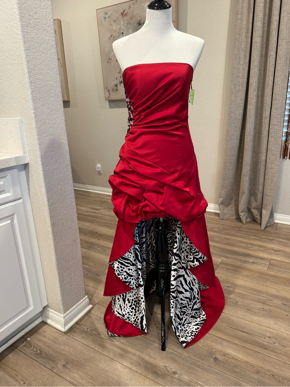 NWOT Strapless Red Satin High-Low Evening Dress with Animal Print Ruffle